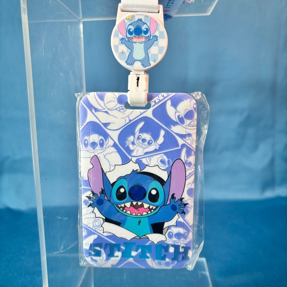 Disney Lilo and Stitch ID Badge Holder Retractable Reel Lanyard Set Blue Purple